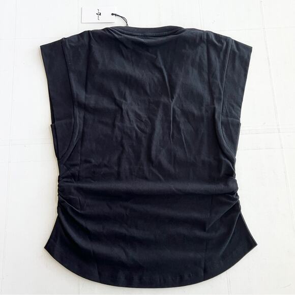 New 7 FOR ALL MANKIND Extended Shoulder V Neck Ruched Tee Women’s SIZE S Black - Picture 5 of 9